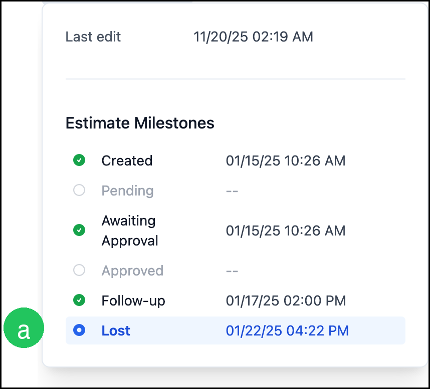 Estimate Milestones dialog with Lost date highlighted
