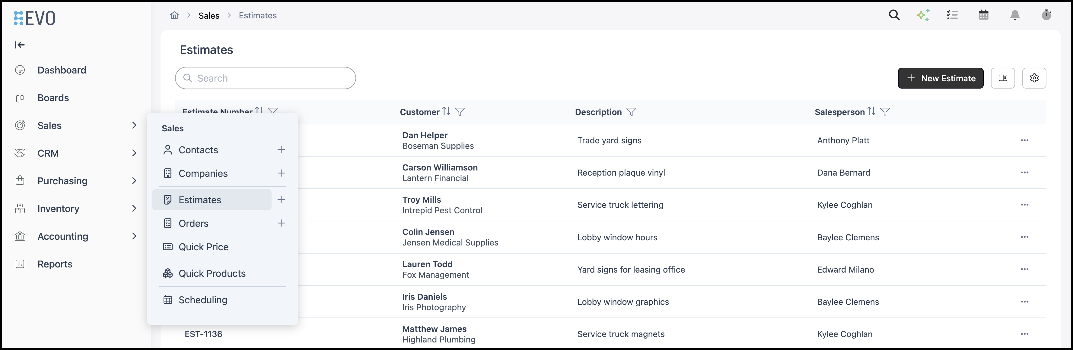 Sales flyout open on the Estimates list