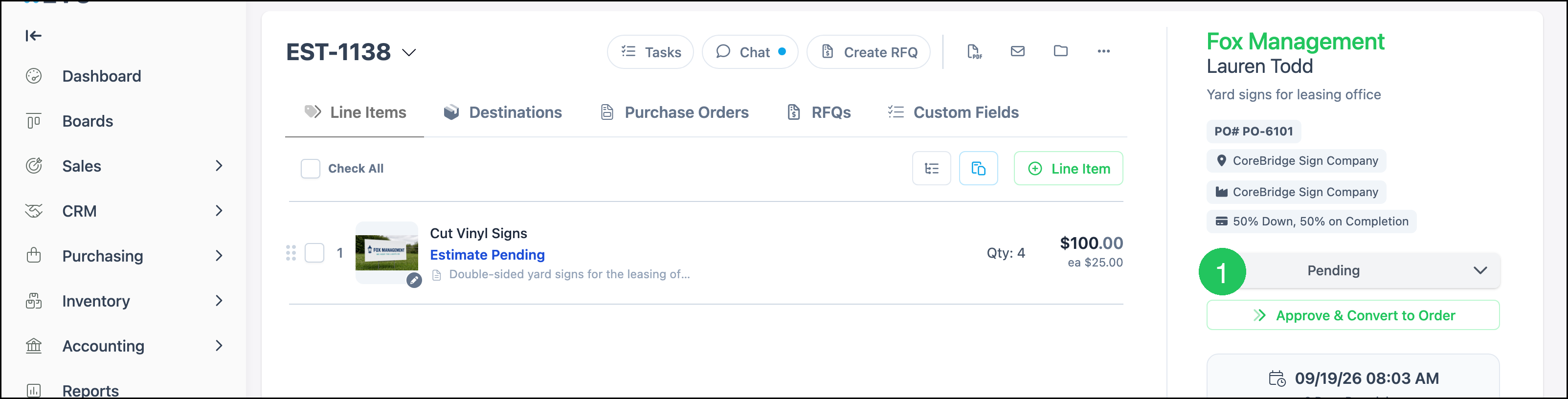 Estimate Status dropdown with badge 1 on Pending