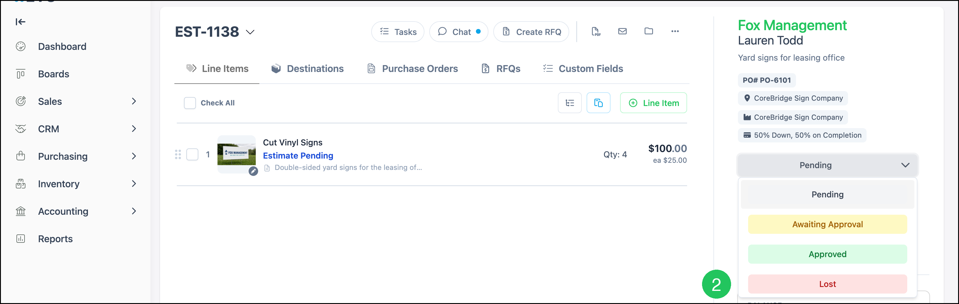 Status dropdown open with badge 2 on Lost