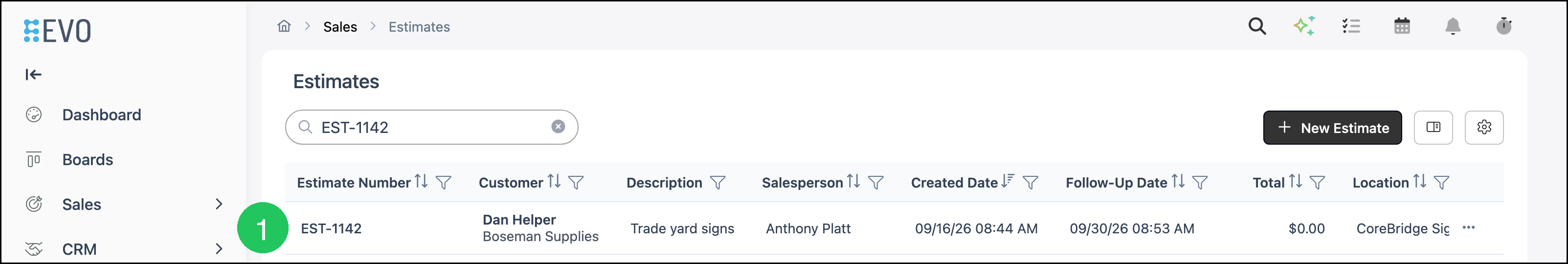 Estimates list showing a Lost estimate with badge 1 on the Estimate Number