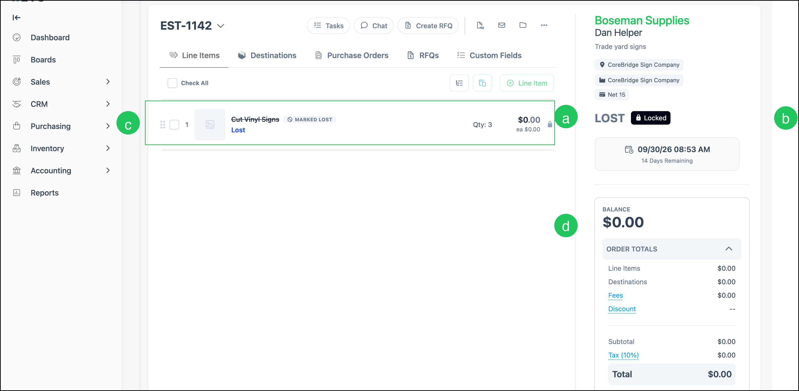 Lost estimate with LOST status, Locked, MARKED LOST line items, and $0.00 Balance
