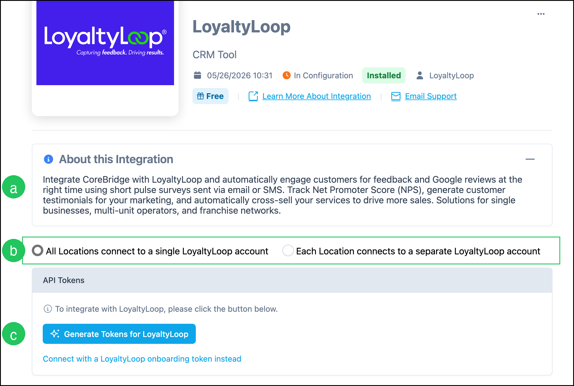 LoyaltyLoop details, location options, and Generate Tokens