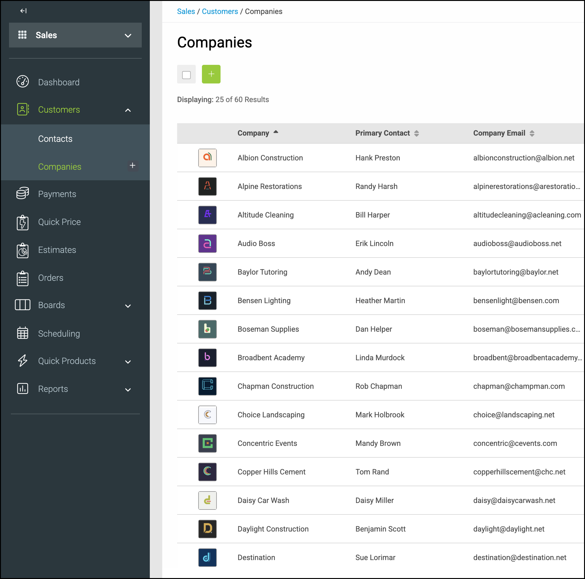 Companies list with Sales, Customers, and Companies selected in the left navigation