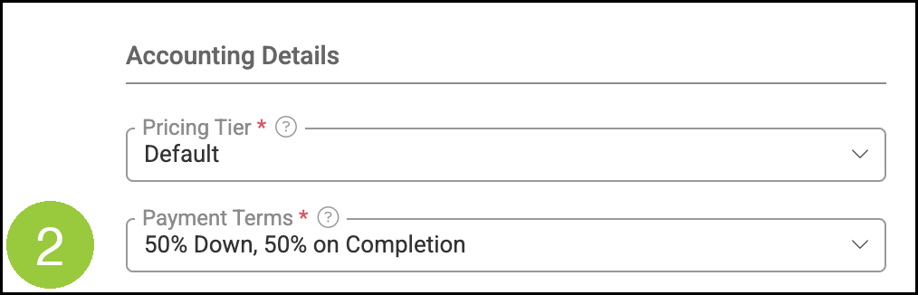 Company Accounting Details with badge 2 on Payment Terms