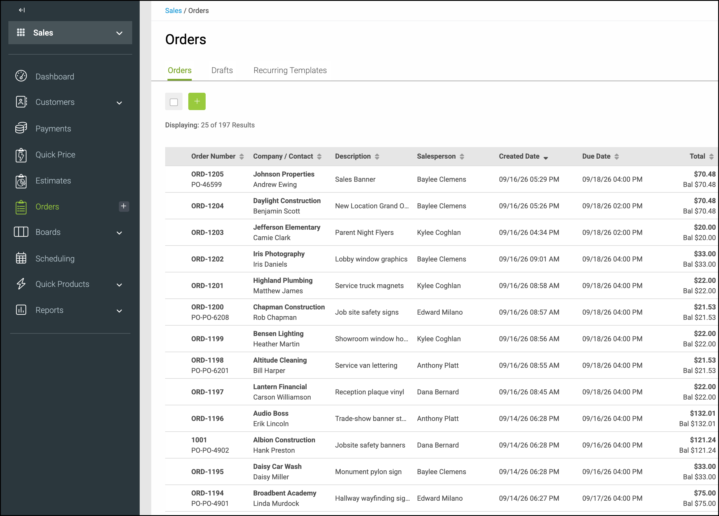 Orders list with Sales and Orders selected in the left navigation