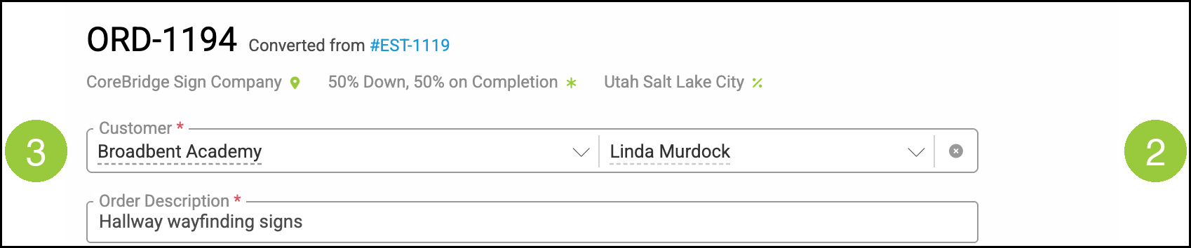 Order header with badge 2 on the Customer clear control and badge 3 on the Customer field