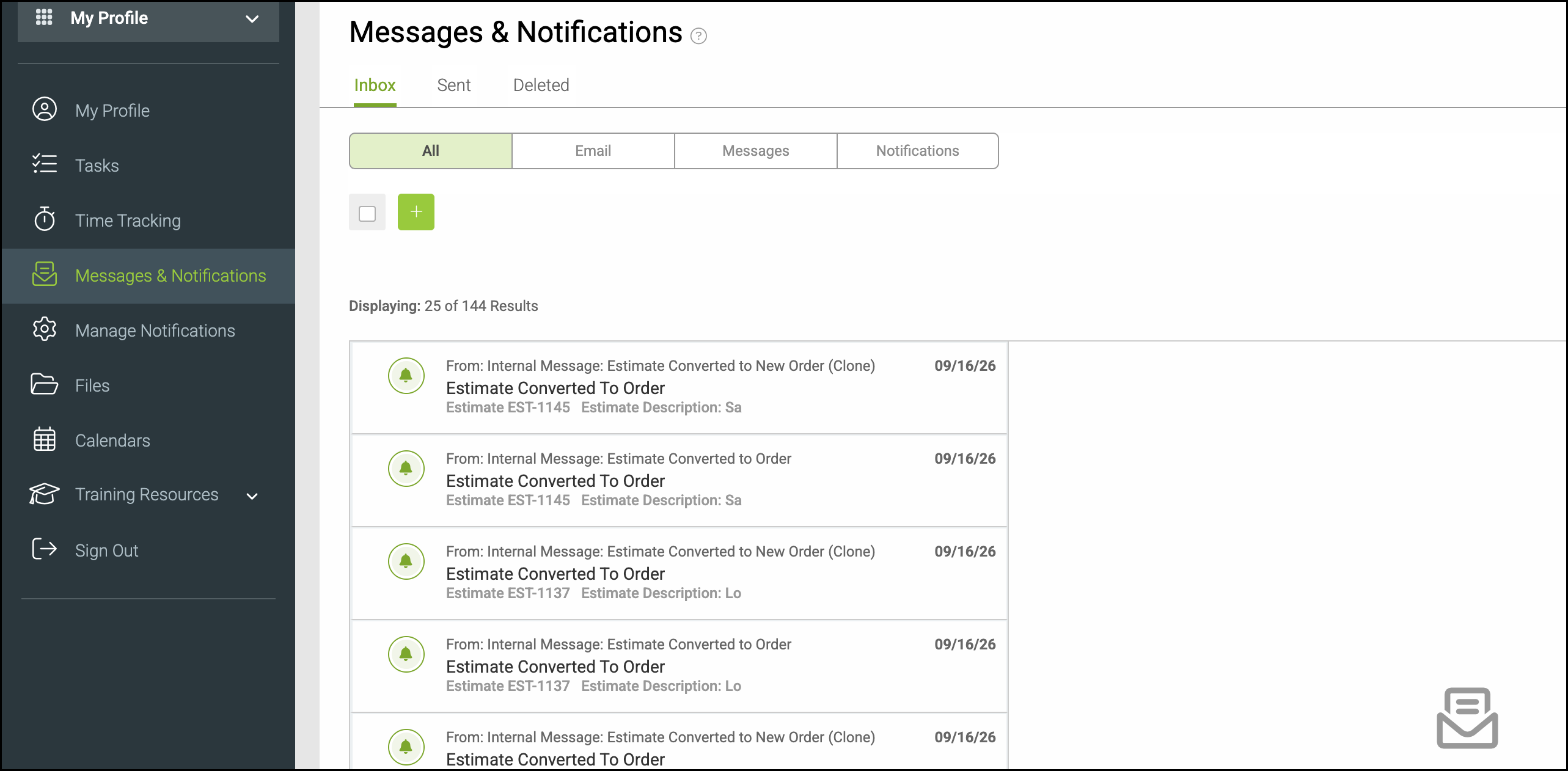 My Profile Messages and Notifications inbox
