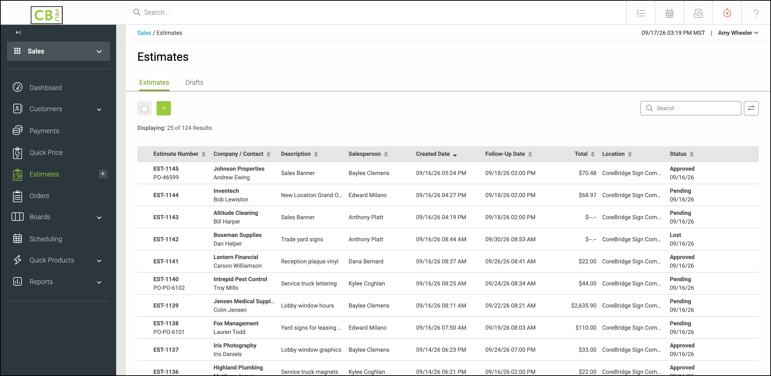 Estimates list with Sales and Estimates selected in the left navigation