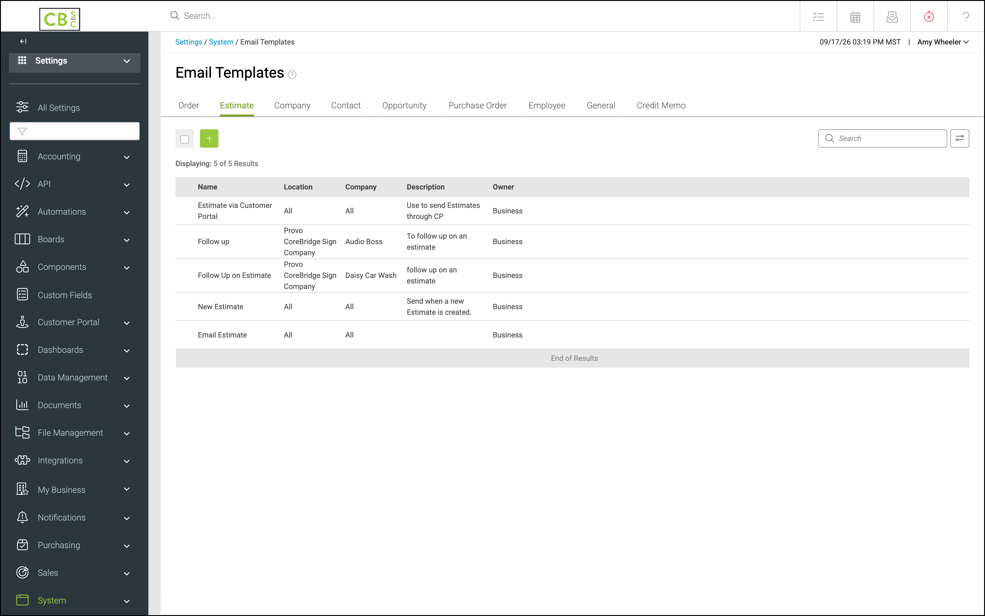Email Templates screen with Settings and System selected in the left navigation