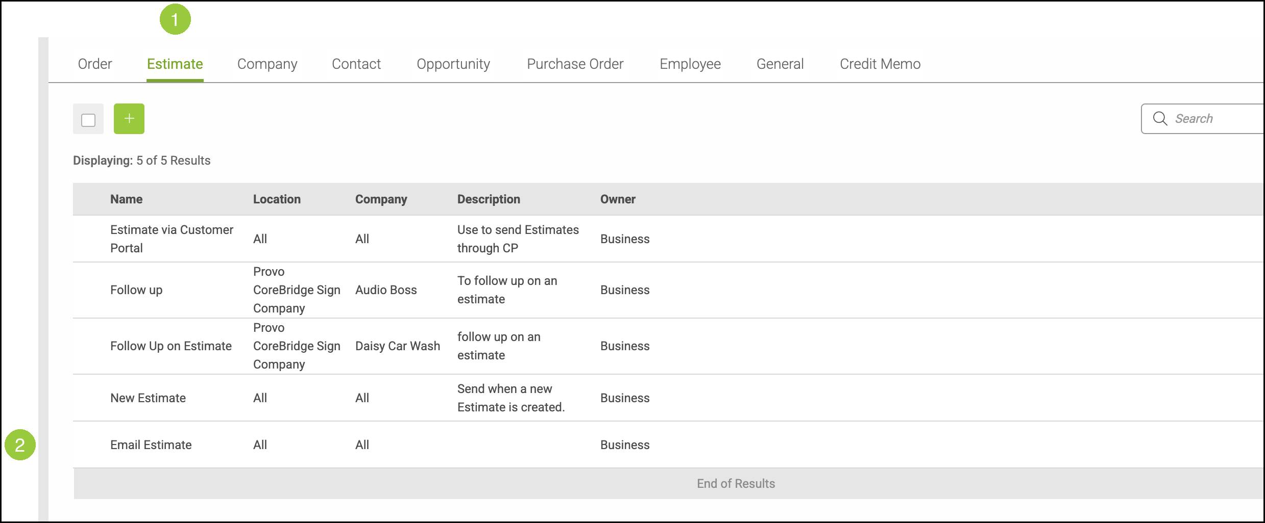 Email Templates Estimate tab with badge 1 on Estimate and badge 2 on Email Estimate