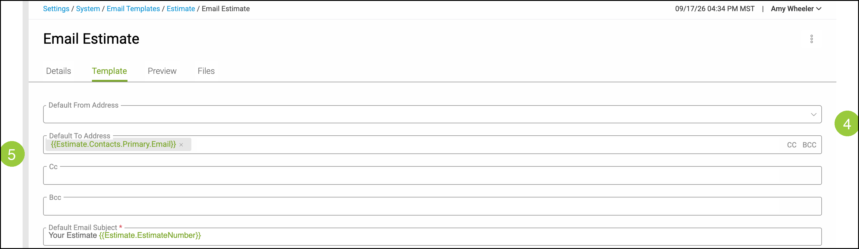 Email Estimate Template tab with badge 4 on CC and BCC and badge 5 on the Cc field