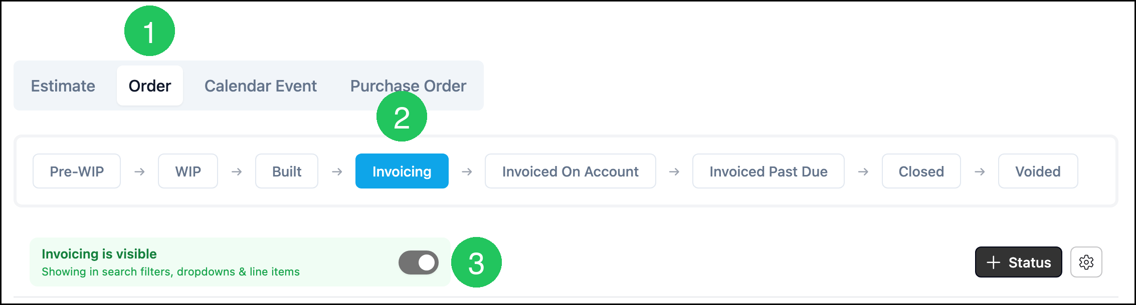 Workflow Statuses Order tab with badge 1 on Order, badge 2 on Invoicing, and badge 3 on the visibility switch