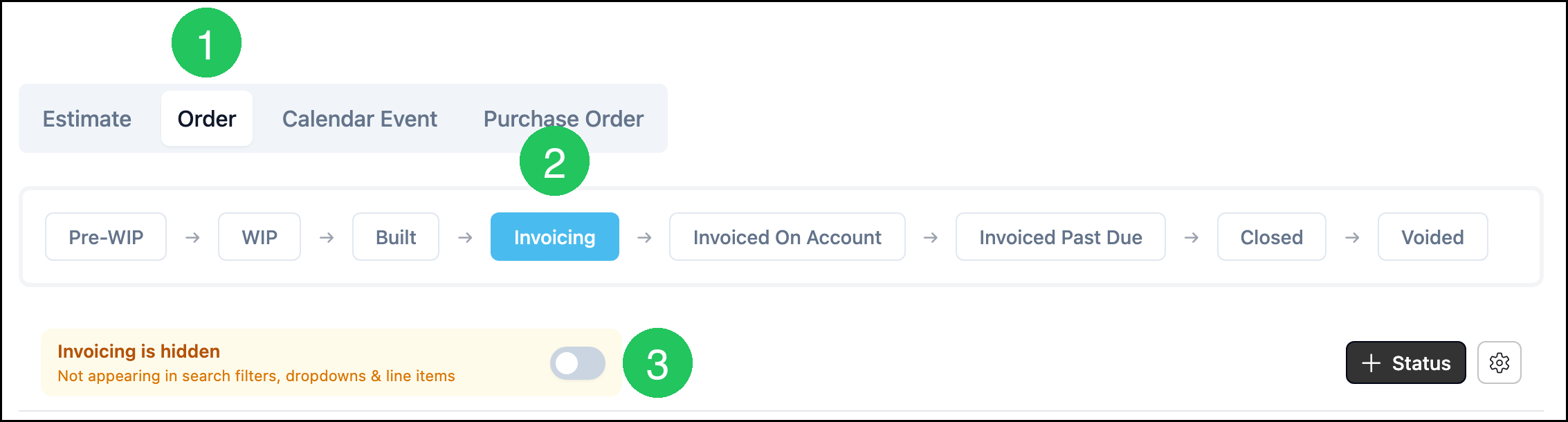 Workflow Statuses Order tab with Invoicing hidden, badge 1 on Order, badge 2 on Invoicing, and badge 3 on the visibility switch