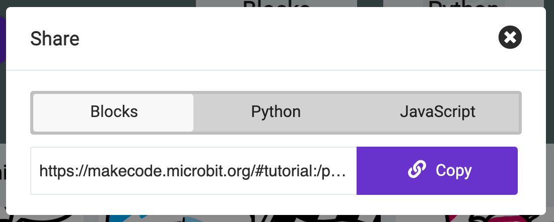 screenshot of the MakeCode share dialog with Blocks/Python/JavaScript options and a Copy button to copy the URL