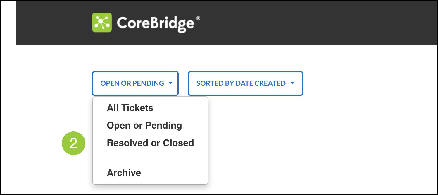Tickets list view menu with badge 2 on Resolved or Closed