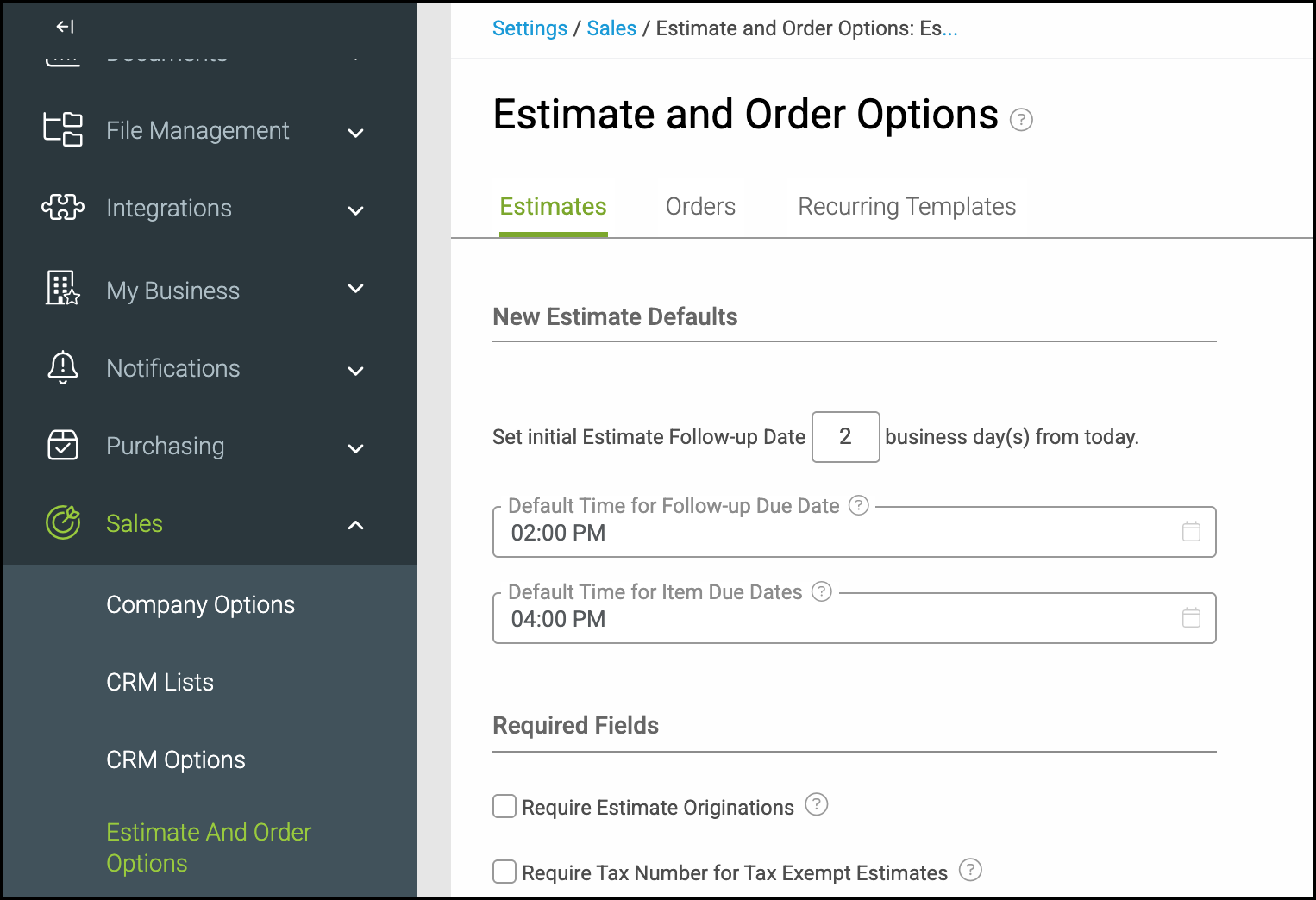 Estimate and Order Options with Sales and Estimate And Order Options selected in Settings