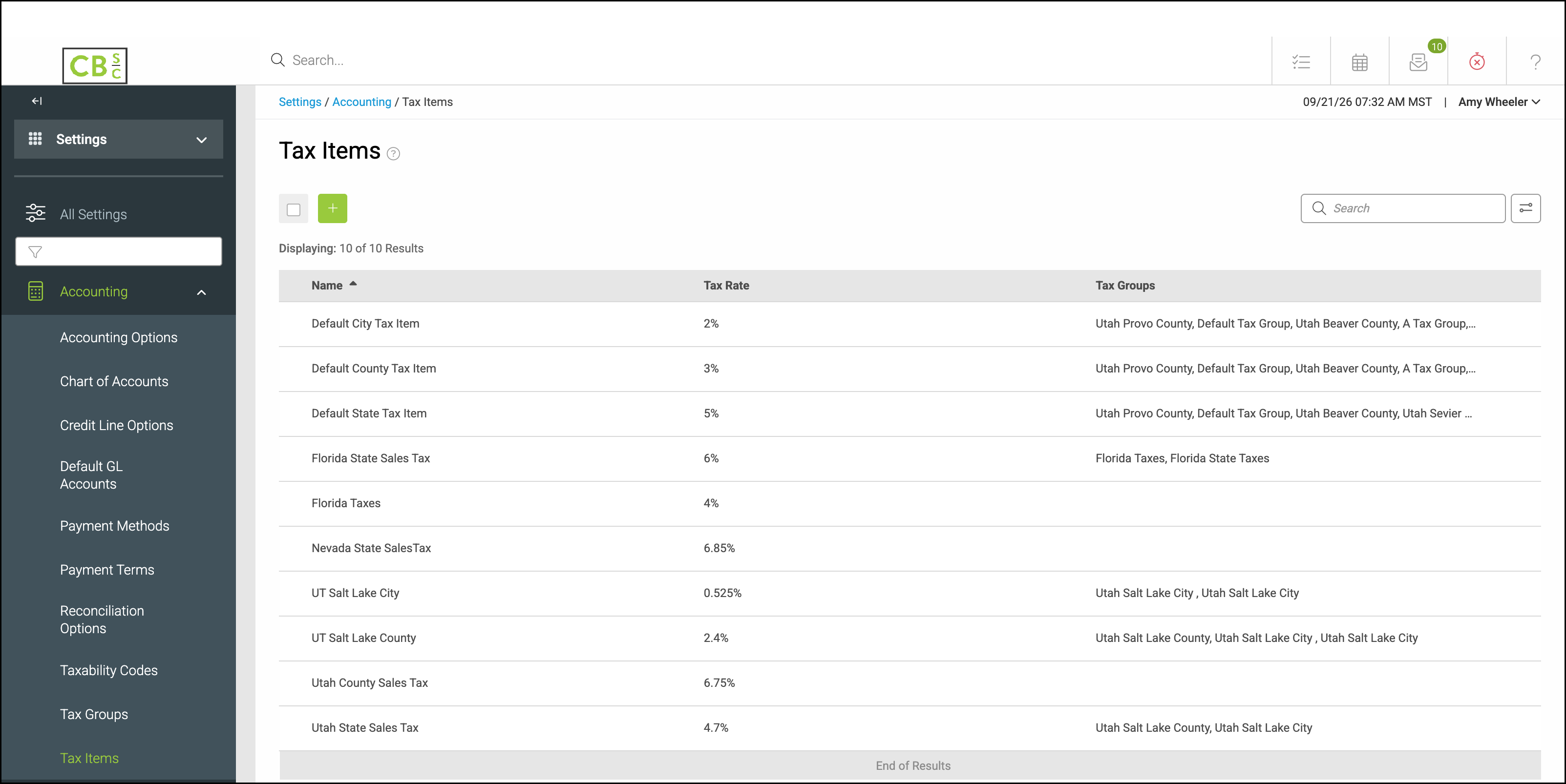 Tax Items list with Settings and Accounting selected in the left navigation