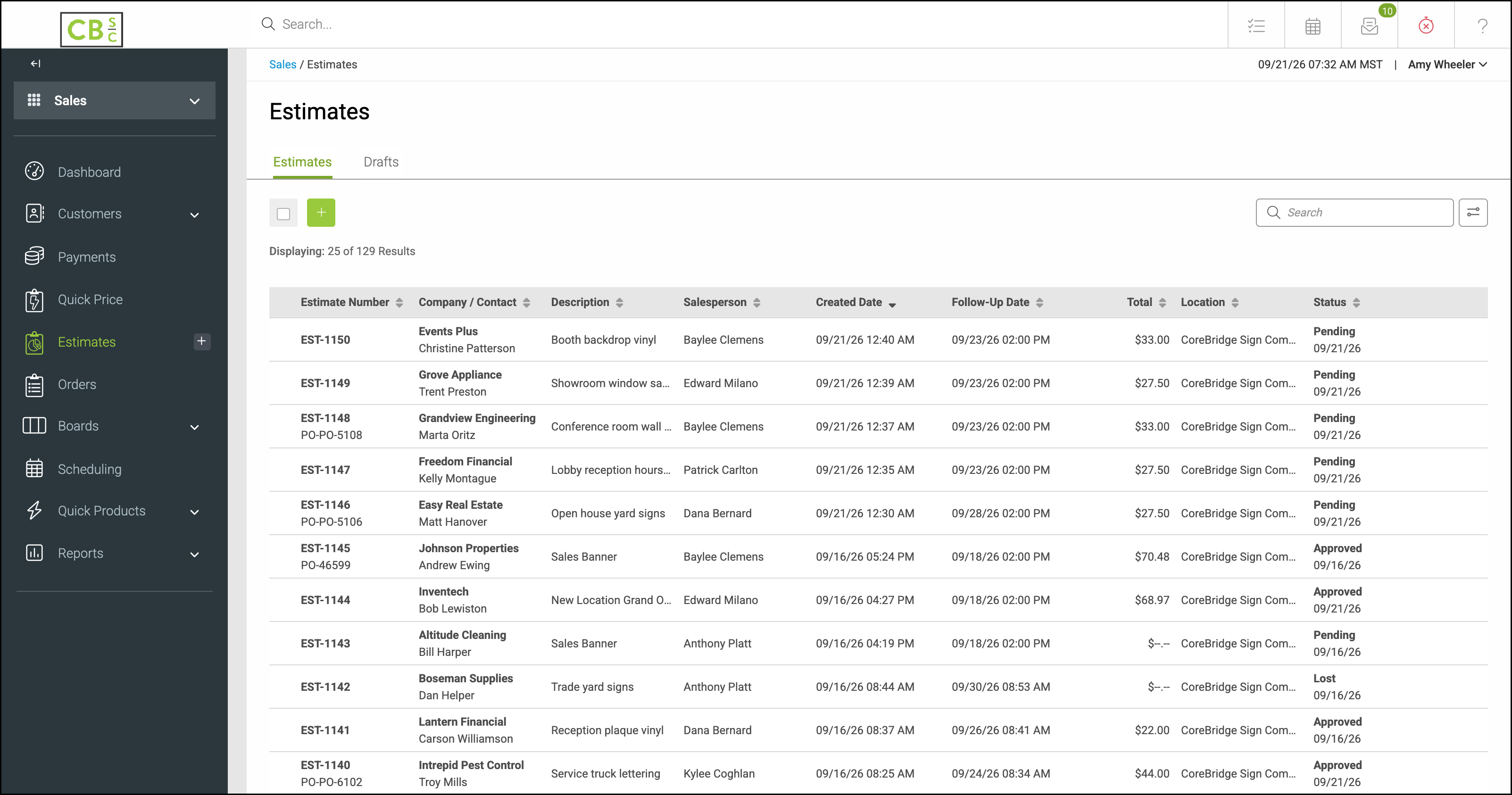 Estimates list with Sales and Estimates selected in the left navigation
