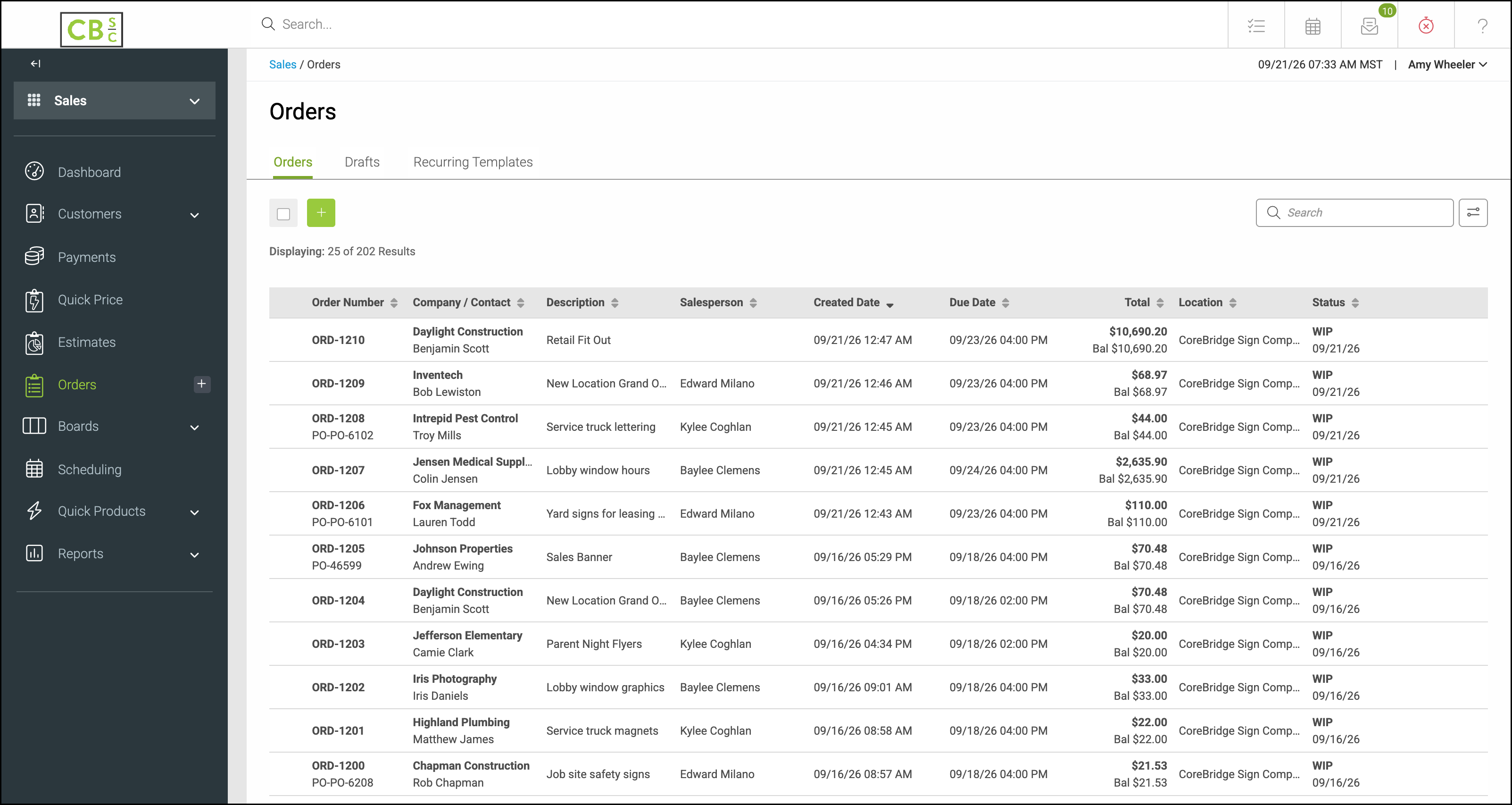 Orders list with Sales and Orders selected in the left navigation