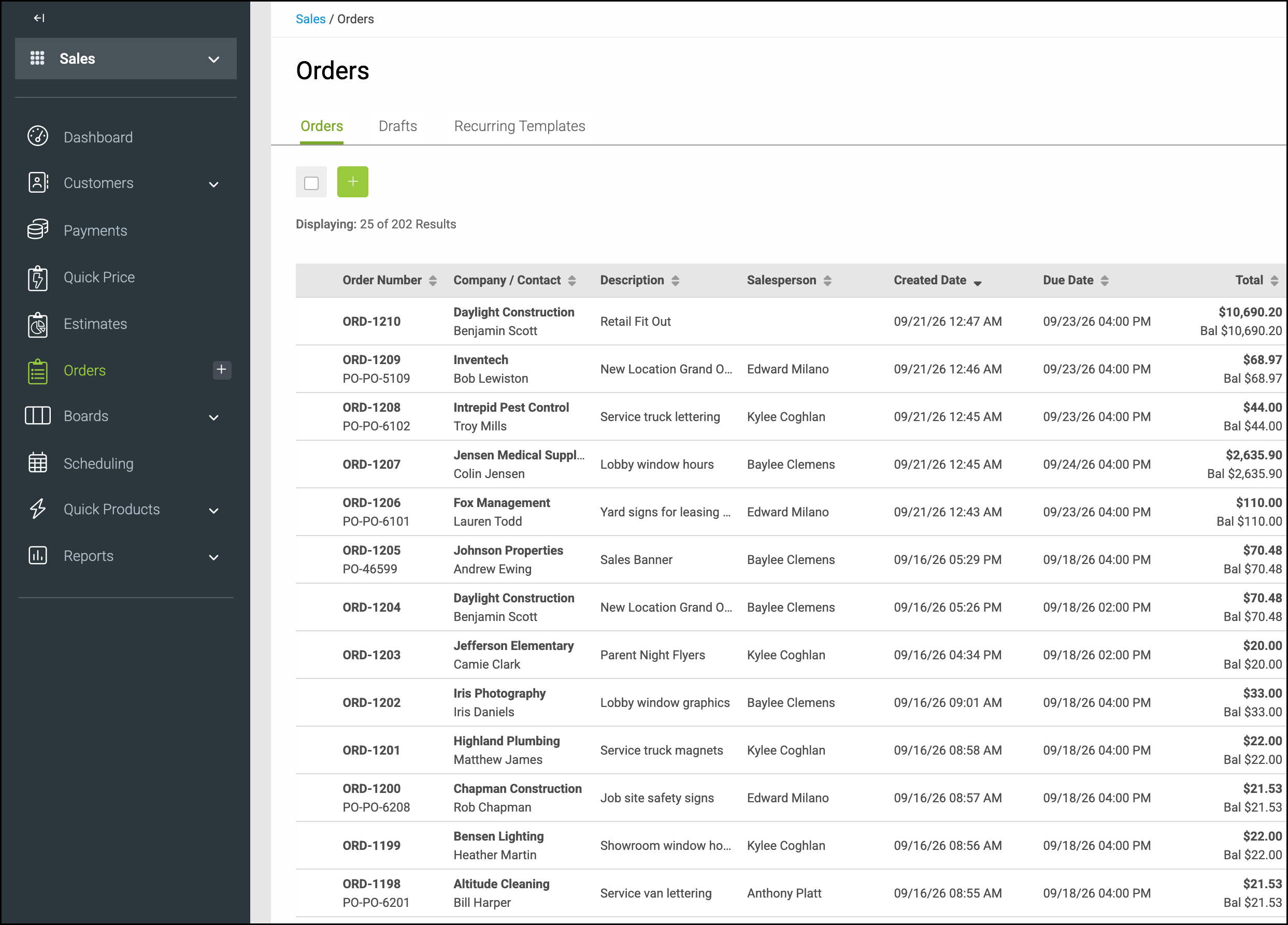 Orders list with Sales and Orders selected in the left navigation