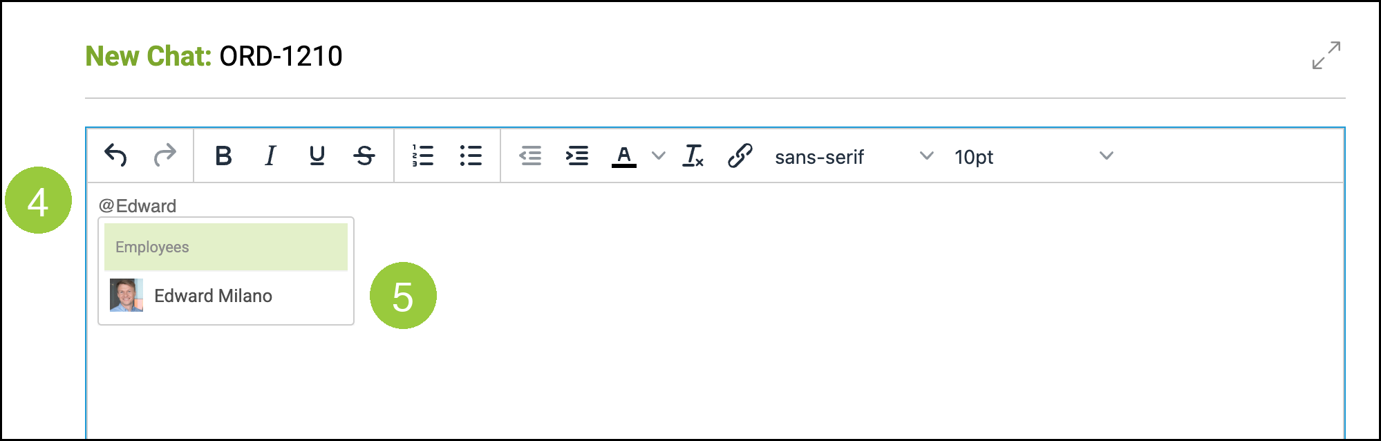 New Chat window with badge 4 on the at mention and badge 5 on the employee in the picker