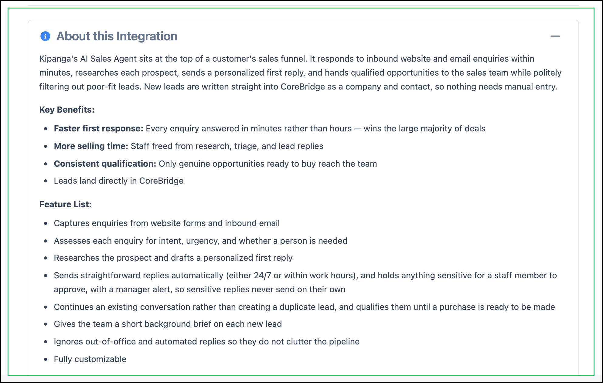 About this Integration on the Kipanga Denise AI Sales Agent screen