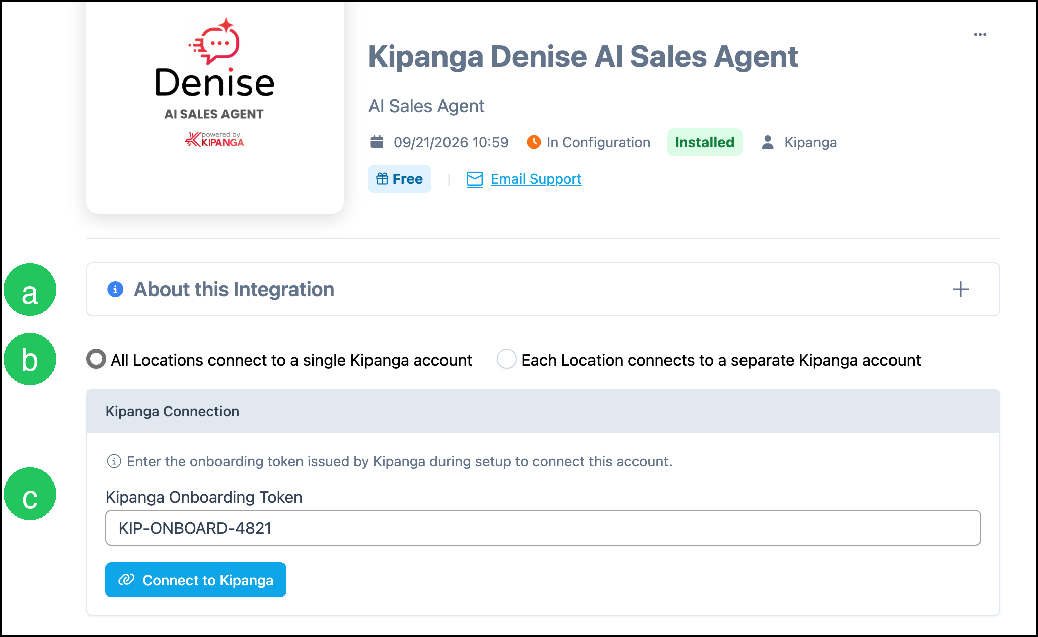 Kipanga Denise AI Sales Agent details, location options, and connection