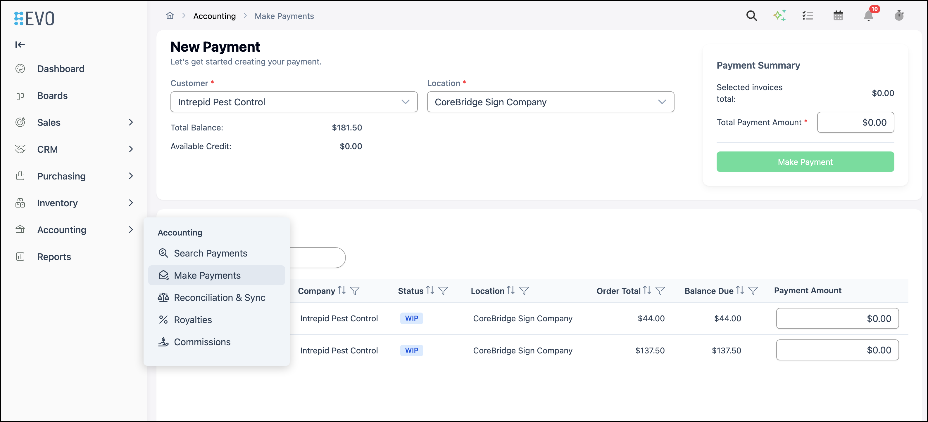 Accounting flyout with Make Payments selected, showing the New Payment screen