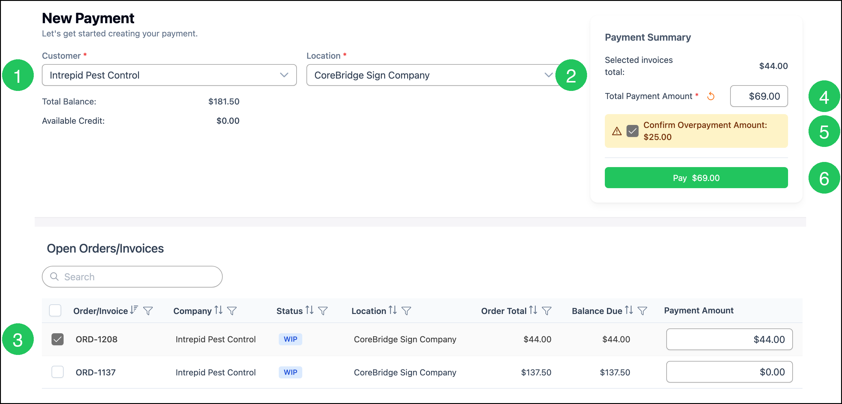 New Payment with customer, location, selected invoice, Total Payment Amount, Confirm Overpayment Amount, and Pay