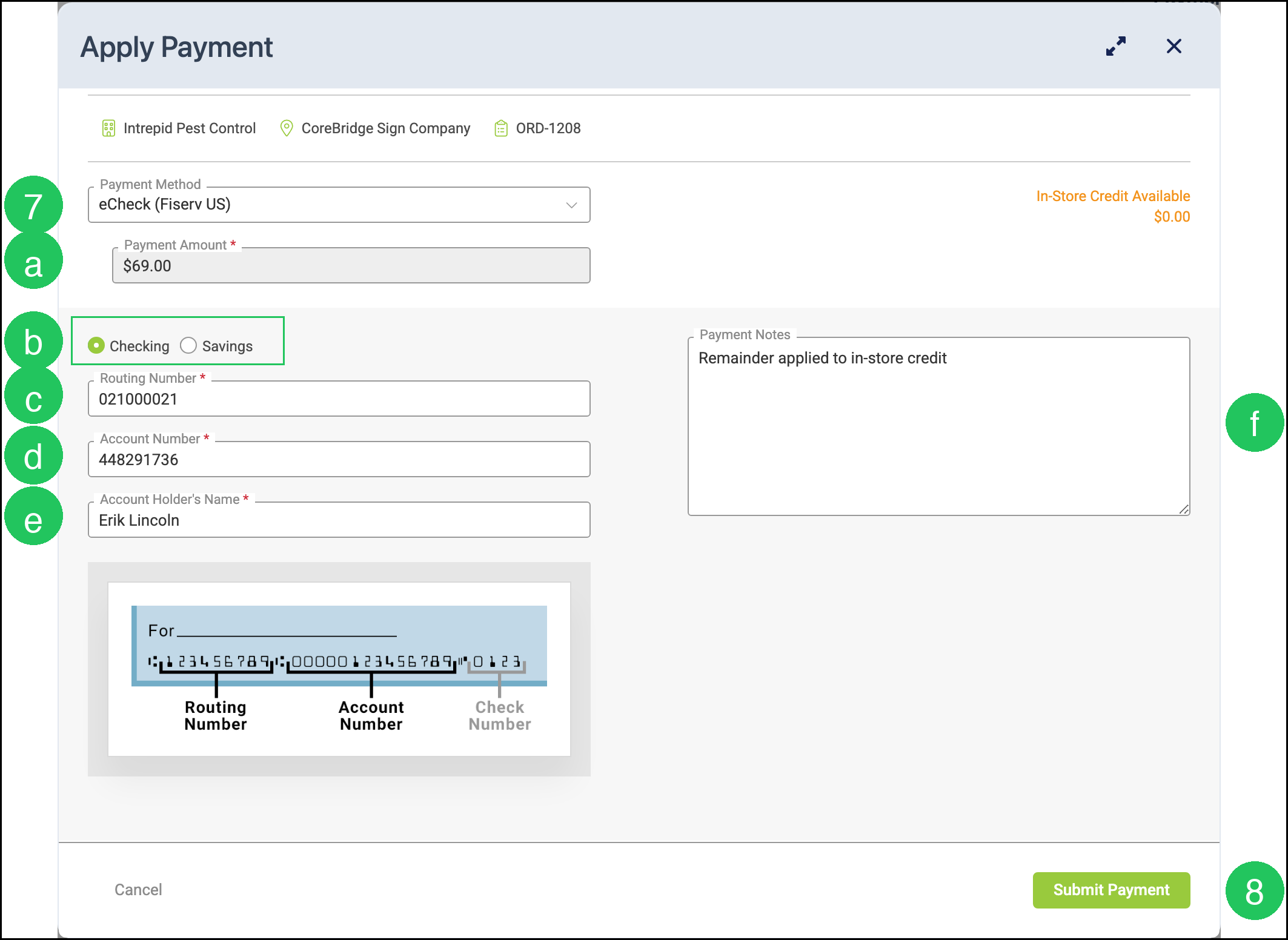 Apply Payment dialog with eCheck (Fiserv US) selected, bank fields filled, and Submit Payment