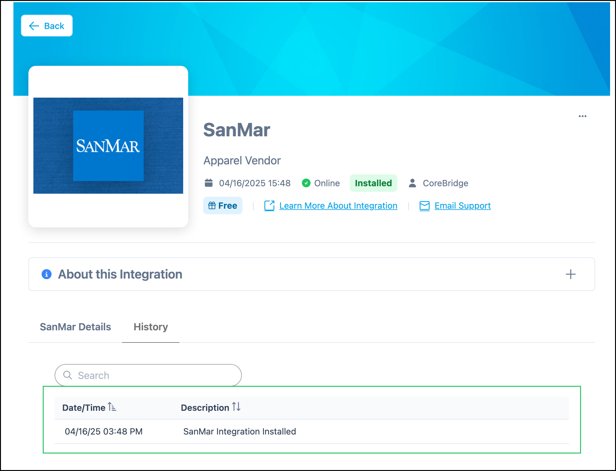 History tab on the SanMar integration