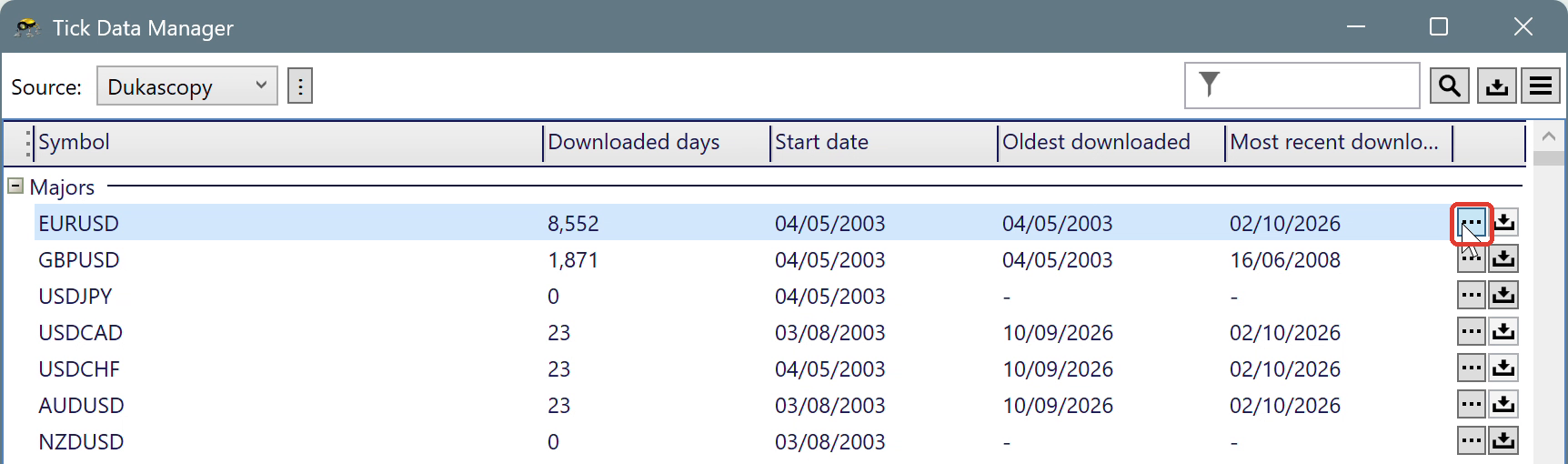 The button next to the symbol in Tick Data Manager