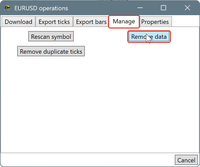 The Manage tab with the Remove data button