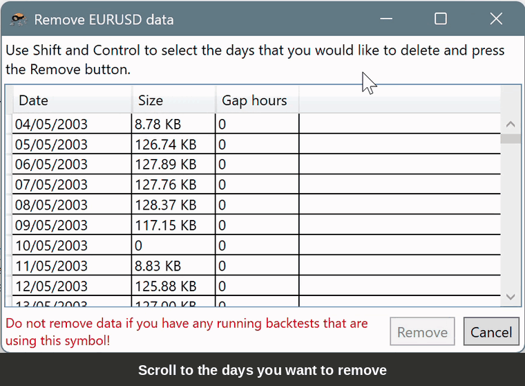 Selecting a range of days and clicking Remove