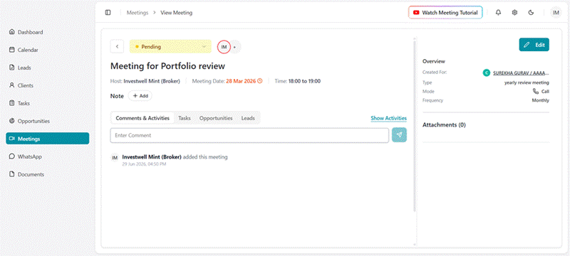Title: Screenshot 1 - Description: View Meeting page with the Add button next to Note