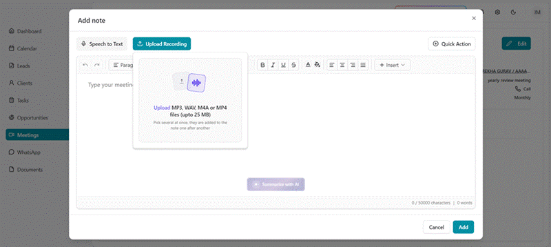 Title: Screenshot 3 - Description: Upload Recording box showing supported formats and the 25 MB limit