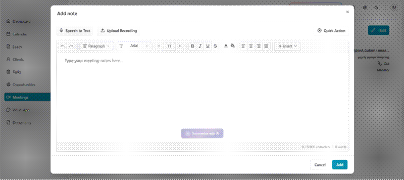 Title: Screenshot 2 - Description: Add note window with Speech to Text, Upload Recording and Quick Action options