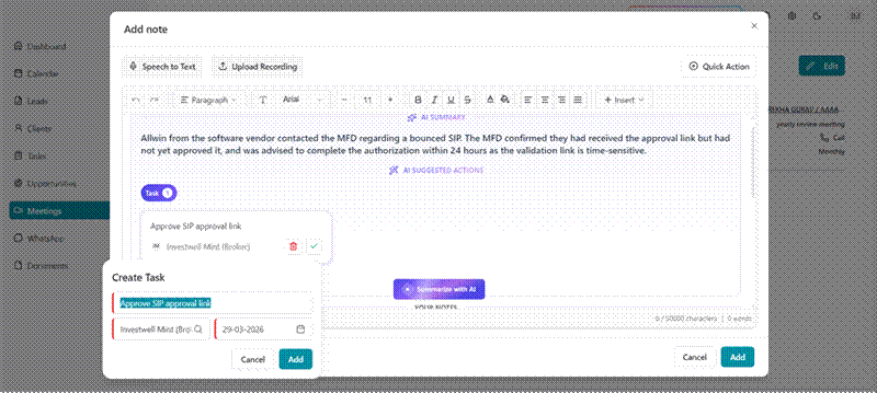 Title: Screenshot 8 - Description: Create Task box opened from a suggested action