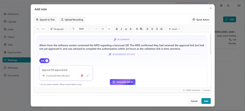 Title: Screenshot 7 - Description: AI Summary and a suggested Task with accept (tick) and discard (bin) buttons