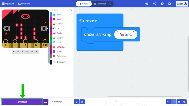 Screenshot of the MakeCode editor in the micro:bit app with the Download button highlighted on the bottom left.
