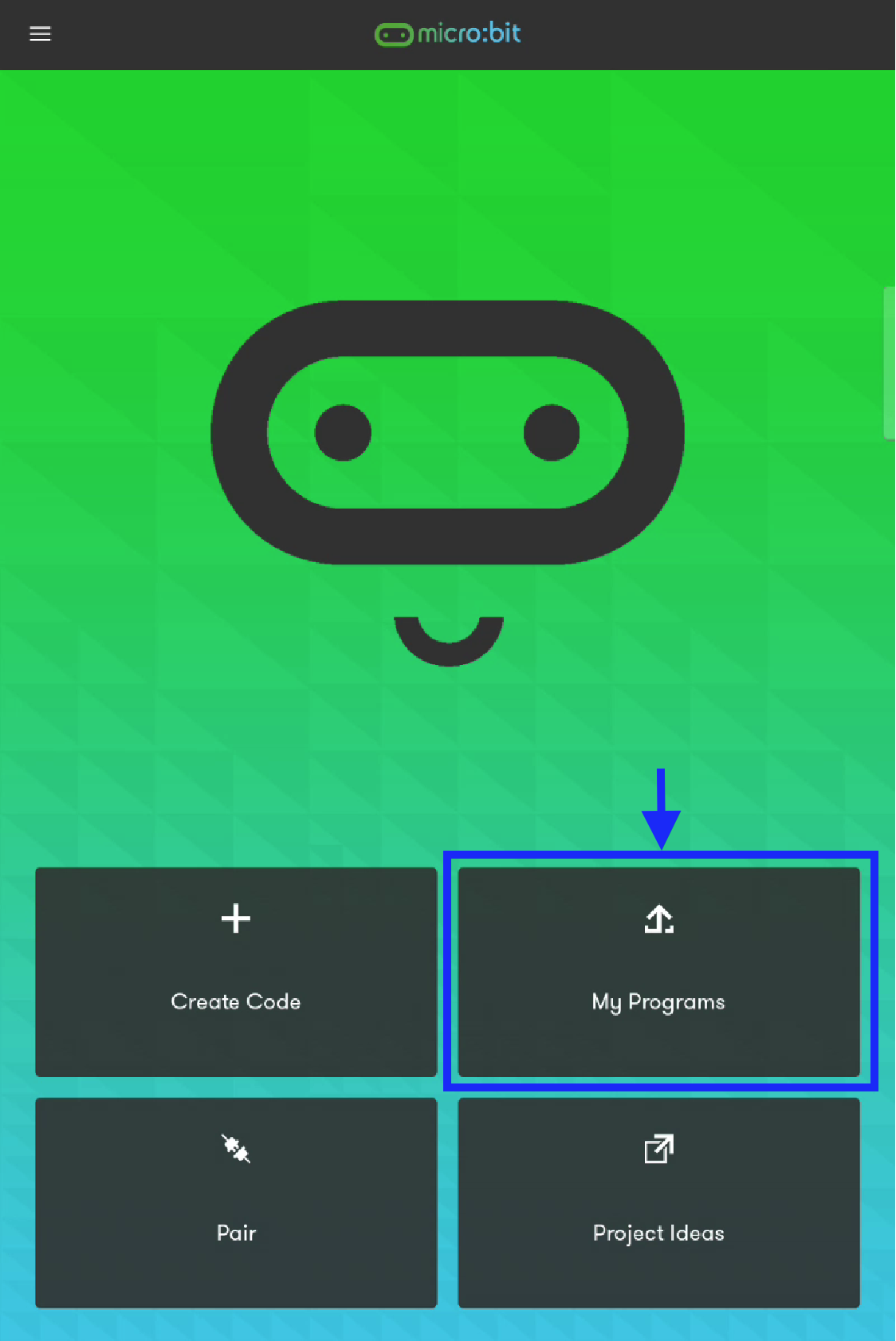 Screenshot of micro:bit app home screen with "My programs" button outlined.