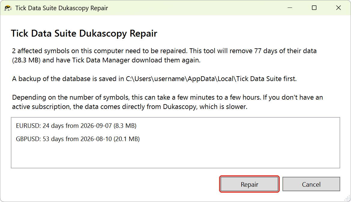 The repair tool summary with the Repair button
