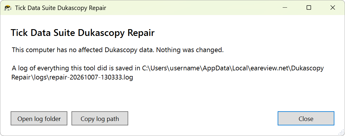 The repair tool reporting that there is no affected data