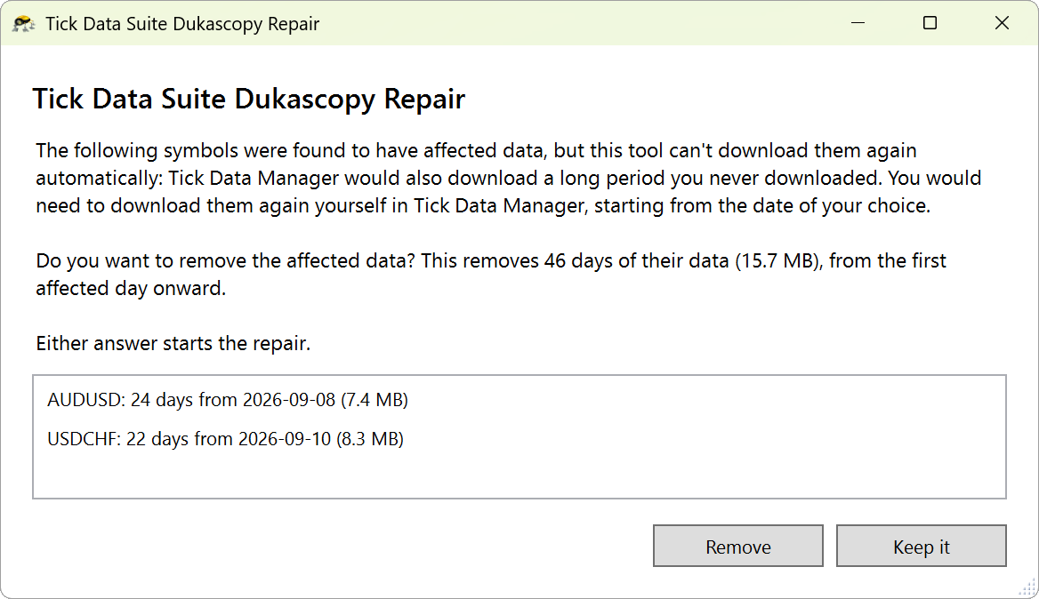 The repair tool asking whether to remove data it can't download again