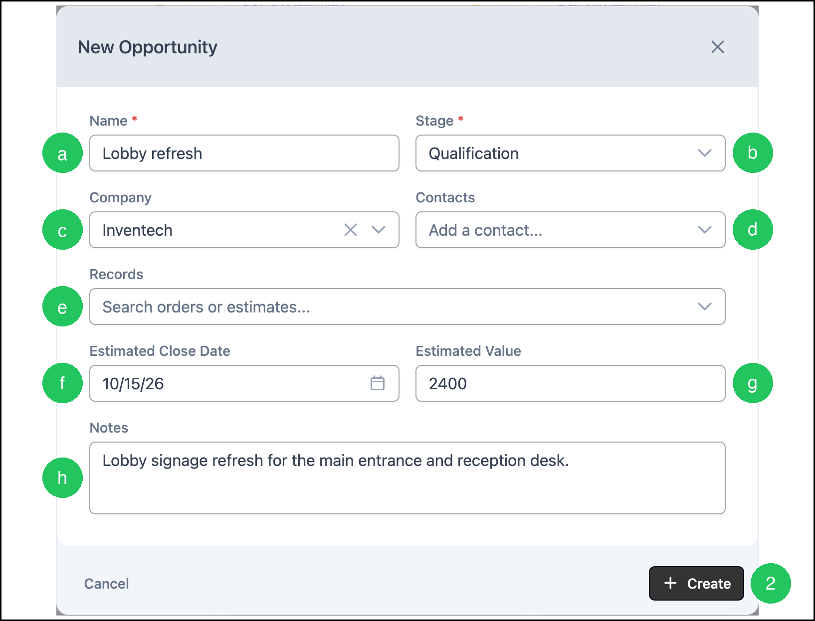 Create Opportunity dialog