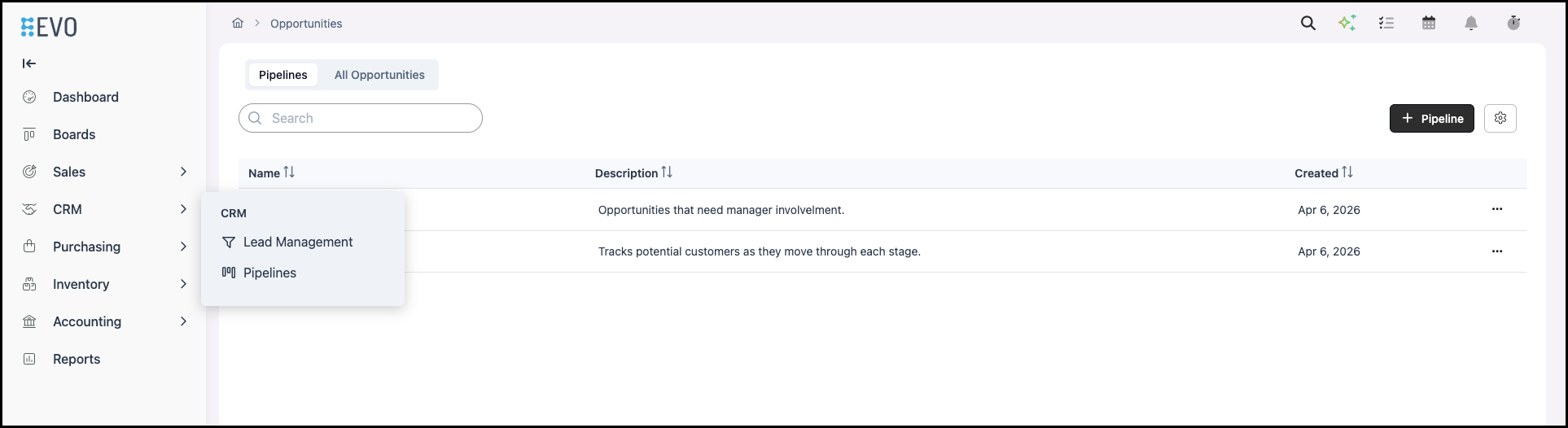CRM menu open to Pipelines