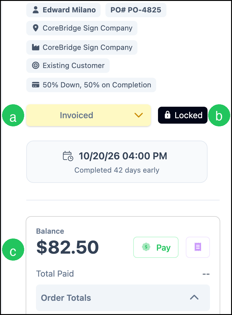 Order summary with Status Invoiced, Locked, and Balance $82.50