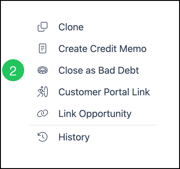 More actions menu with Close as Bad Debt