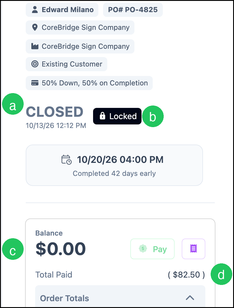 Order after the write-off, with CLOSED, Locked, Balance $0.00, and Total Paid